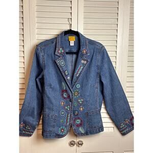 Ruby Rd Aztec Boho Floral Embroidered Blue Denim Jean Jacket Women's Size 16